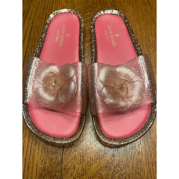 Kate Spade Women's Pink Glitter Jelly Slide Sandals Size 6 Flower Accent - Picture 1 of 7
